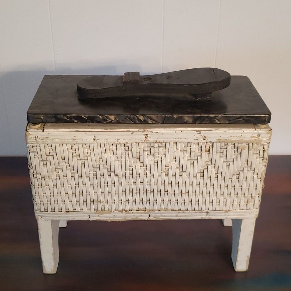 Vintage 1950s White Wicker Shoe Shine Box Stand